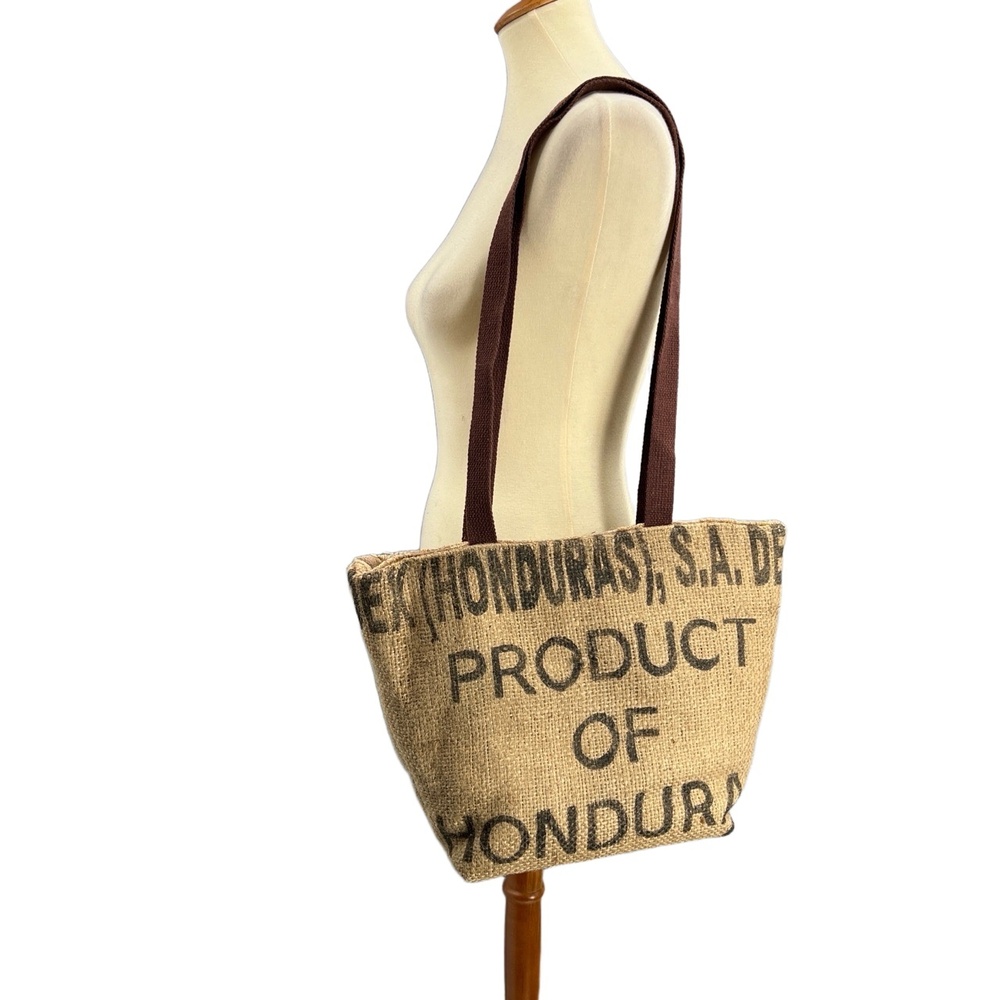 Helen Troy Bag‎ Brown Straps Jute Printed Logo Coffee Bean Tote Style - Picture 2 of 8
